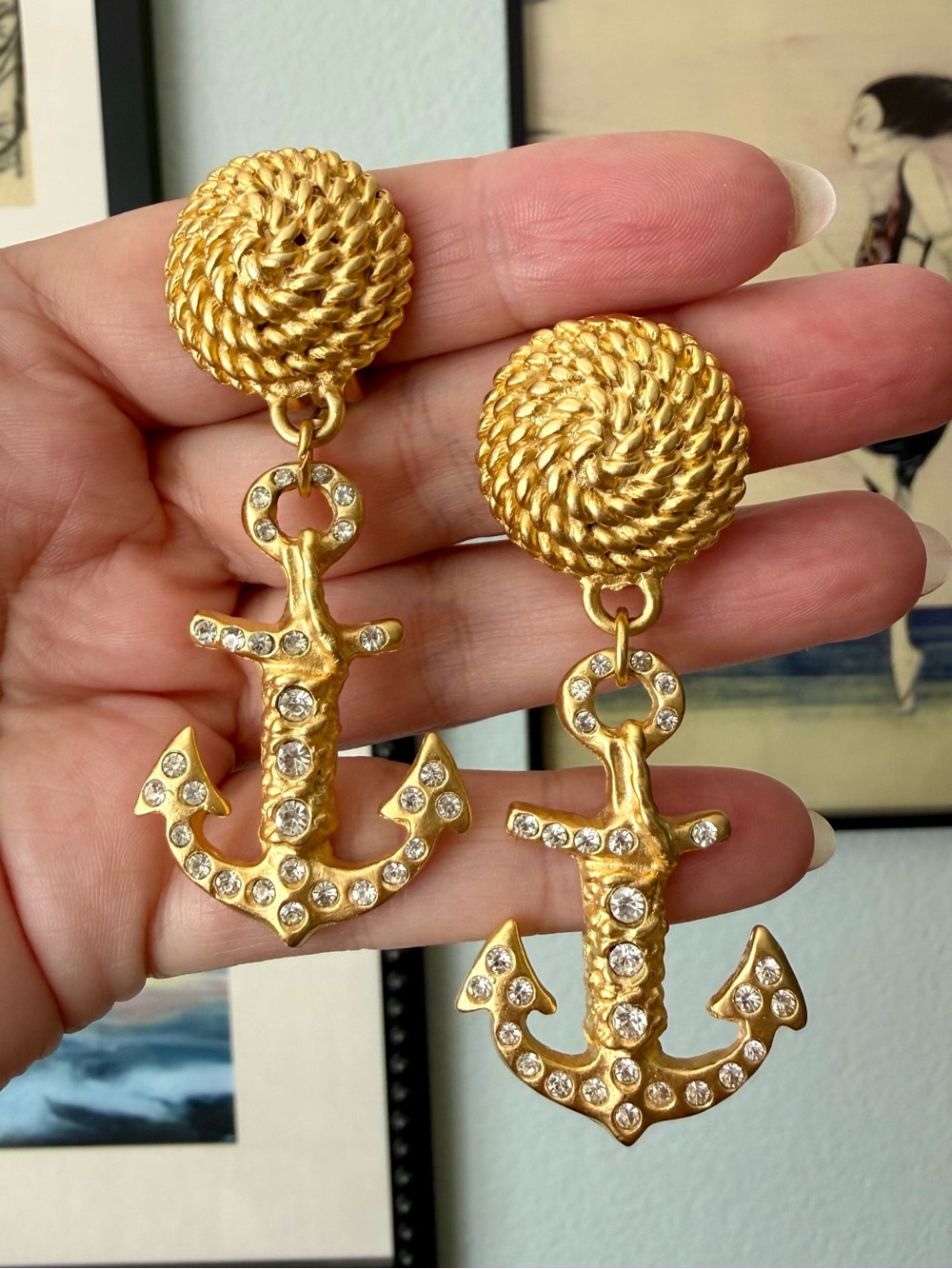 Vintage Norma Jean Gold Anchor Drop Crystal Nautical Statement Clip On Earrings